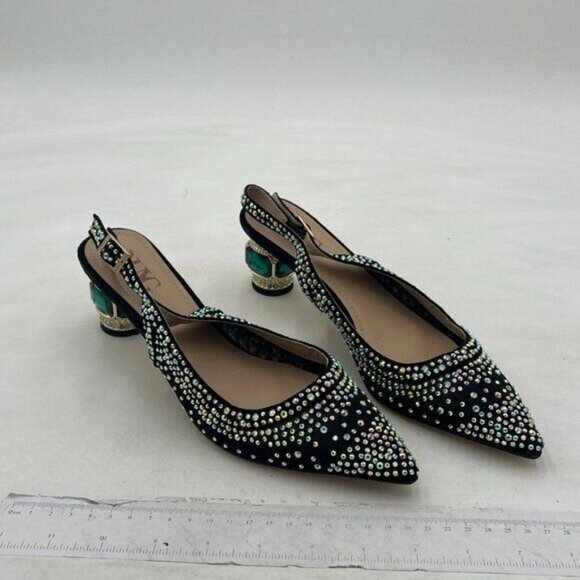 Women Pointed Toe Slingback Wedding Pumps Chunky Low Heel Rhinestone Sandals - Picture 4 of 8